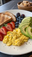 Breakfast Plate Featuring Scrambled Eggs, Avocado, Strawberries, Blueberries, Blackberries, and Toast