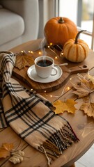 Warm Drink with Pumpkins and Scarf for Cozy Autumn Celebration