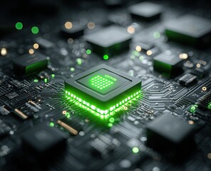 Close-up of a glowing green chip on a dark circuit board.  Illuminated components and intricate circuitry