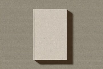 A blank, light beige book lies flat on a muted taupe surface