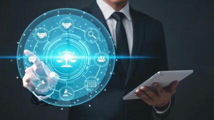 A businessman in a suit interacts with a digital interface displaying legal icons and a network, holding a tablet - Powered by Adobe