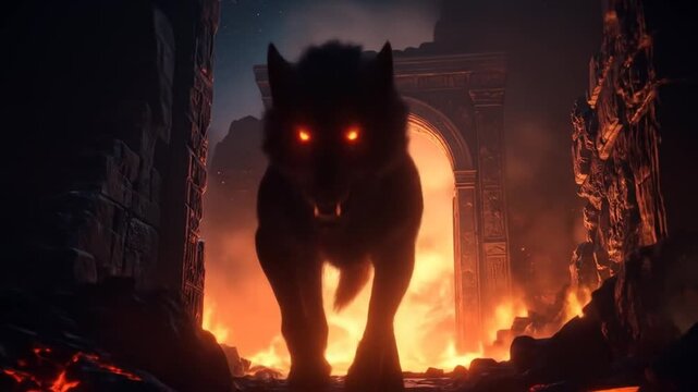 Fiery Gateway: Glowing-Eyed Wolf Emerges from Ancient Ruins, Cinematic Fantasy