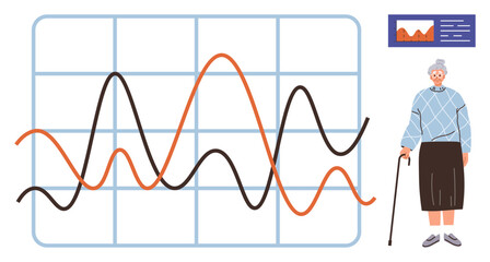Elderly woman with cane standing by large line graph showing trends. Ideal for analytics, aging health, data tracking, decision-making, research, demographics, and analysis. Simple flat metaphor