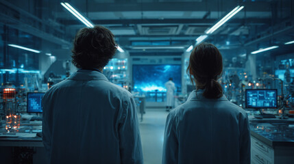 Scientists in a futuristic laboratory, focused on cutting-edge research and innovation