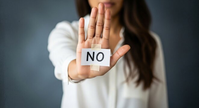 Confident businesswoman firmly states 'NO' with hand gesture, conveying clear boundaries and assertive communication in a professional setting.
