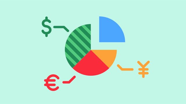 Forex Portfolio Animated Footage 2d Video Clip with Pie Chart, Dollar, Yen, Euro, Pound. Editable for Corporate Presentation, Business, Finance, Online Trading, Online Payment, Investment.