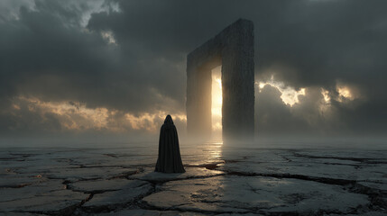 A lone figure faces a mysterious portal, bathed in ethereal light, in a surreal setting.