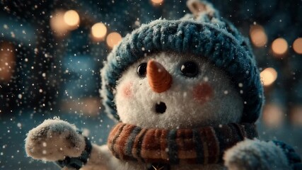 Adorable snowman toy with blue hat and scarf in falling snow. Winter holiday decoration. Cozy Christmas atmosphere with bokeh lights. Cute seasonal ornament. - Powered by Adobe
