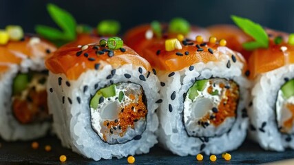 A close-up shot of a plate of sushi rolls, perfect for food or culinary related content