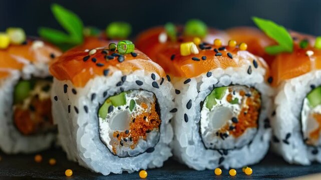 A close-up shot of a plate of sushi rolls, perfect for food or culinary related content