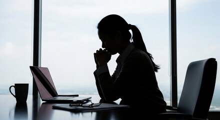 Stressed businesswoman silhouetted at desk with laptop, contemplating difficult decisions in modern office setting