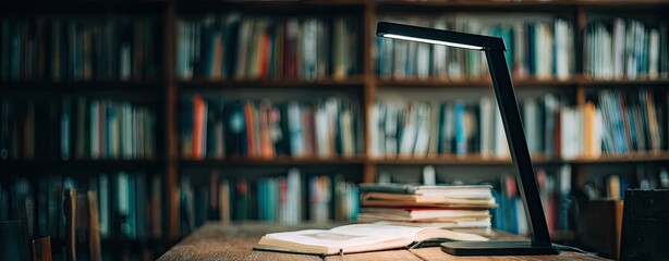 Bookshelves filled with various books, a table with an open book and a reading lamp in a dimly lit room
