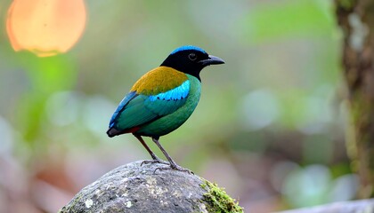 Obraz premium Vividly colored bird perched on a mossy rock, blurred background