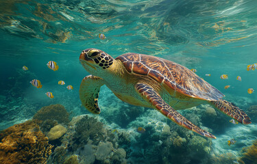 Fototapeta premium A sea turtle swimming in the clear blue waters of an ocean, surrounded by white butterfly fish and coral 