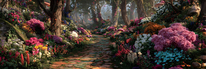 an enchanted garden pathway lined with vibrant flowers in full bloom alice in wonderland background