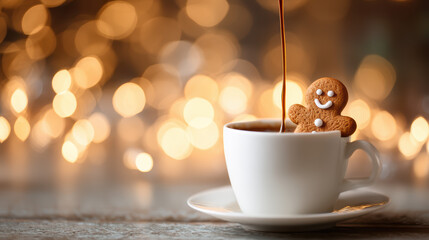 Obraz premium A gingerbread cookie with a smiley face sits on the edge of a white cup as coffee is poured, with warm, glowing bokeh lights in the background.