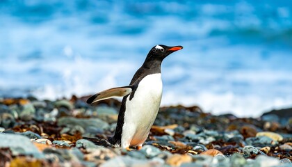 Naklejka premium Gentoo penguin on rocky shore