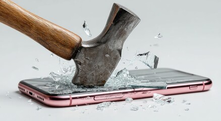 A hammer smashes a pink smartphone, shattering the screen