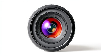 Close up of a camera lens with a purple and red rim. The lens is black and the colors are vibrant