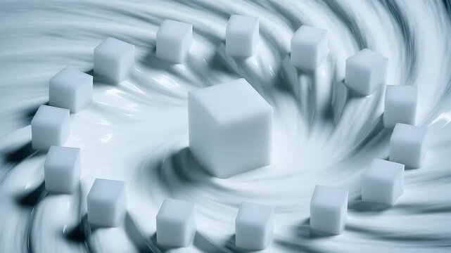 Rotating white cubes forming circle around large center cube in swirling abstract white liquid