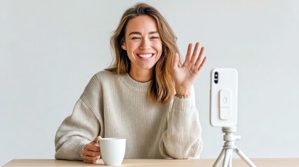 A cheerful woman smiles and waves during a video call, holding a coffee cup.