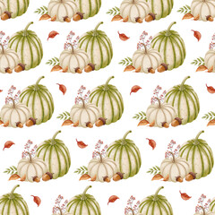 Seamless pattern with pumpkins, acorns, and autumn leaves, painted in warm watercolor style. Great for textiles, packaging, wrapping paper, and seasonal digital or print designs.