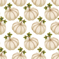 A seamless pattern of watercolor pumpkins in warm autumn colors. Perfect for fabric, packaging, wrapping paper, seasonal decor, and digital or print projects with an autumn theme.