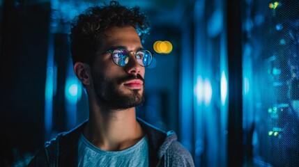 A technical specialist in glasses stands confidently before a server rack, representing expertise in technology.
