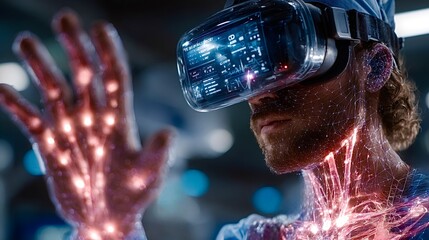 Surgeon using virtual reality headset and futuristic interface in operating room