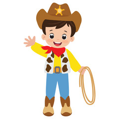 Cute little cowboy with lasso vector cartoon illustration