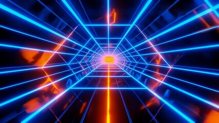 Dynamic journey through a futuristic hexagonal tunnel of glowing blue and orange neon grid lines. - Powered by Adobe