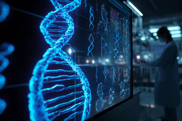 A woman is working on a computer screen that shows a DNA strand