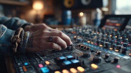 Obraz premium Close-up of hands adjusting audio console