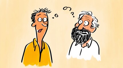 Two men are talking to each other, one of them is wearing a yellow shirt. The man on the left is looking at the man on the right with a puzzled expression