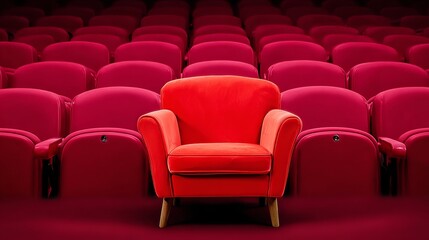 Fototapeta premium Red chair is sitting in the middle of a row of red chairs. The chair is the only one in the row, and it is the only object in the image. The image has a monochromatic color scheme