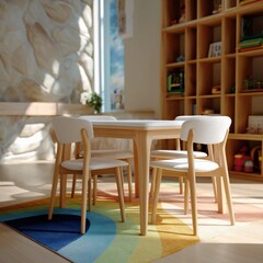 Cozy sunlit playroom with wooden furniture and colorful rug in modern design