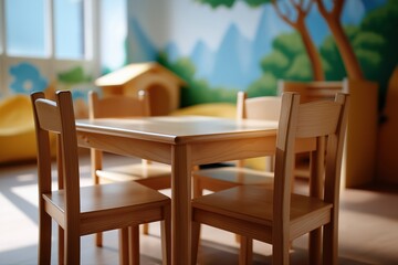 Fototapeta premium Wooden children's table and chairs in bright, colorful playroom with nature mural