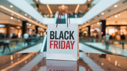 White shopping bag with black friday text in a brightly lit modern shopping mall
