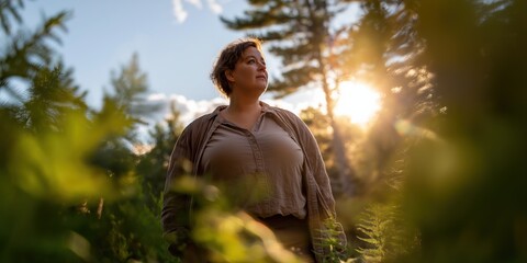 Caucasian female in nature at sunset with sunlight through trees