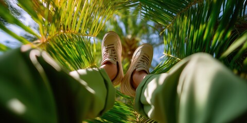 Relaxing under tropical palm trees with stylish sneakers and green pants
