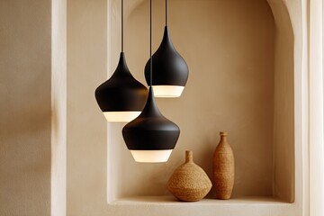 Three black pendant lamps hang in a recessed alcove, accented by two light-tan ceramic vases