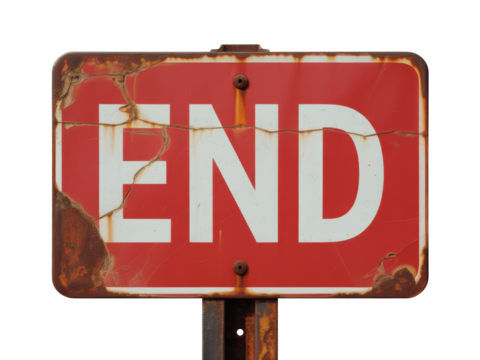 Rusty red end sign with cracked paint
