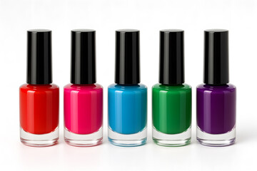 Obraz premium Colorful Collection of Nail Polish Bottles Displayed on Clean White Surface for Beauty and Cosmetic Concept