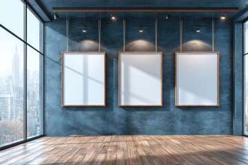 Fototapeta premium Modern gallery space with three blank canvases (1)