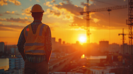 Construction worker overlooking cityscape at sunset. Cranes dot the horizon. Safety and urban growth.