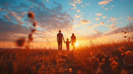 Fototapeta premium Silhouette of a family walking together through a field at sunset, enjoying nature and family time.