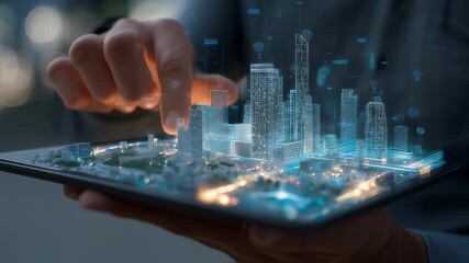 Person interacting with a holographic city model on tablet   - Powered by Adobe