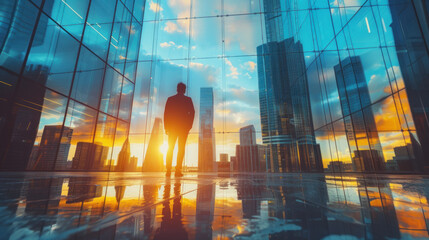 Obraz premium Contemplative figure gazes at city skyline from modern office, sunset colors reflecting in glass facade.