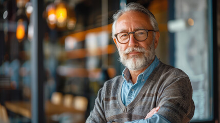 Obraz premium Portrait of a mature man with glasses and a beard, showcasing confidence and modern style in soft lighting.