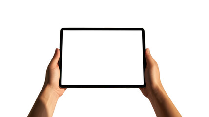 Hands holding a modern tablet with a blank white screen on transparent background